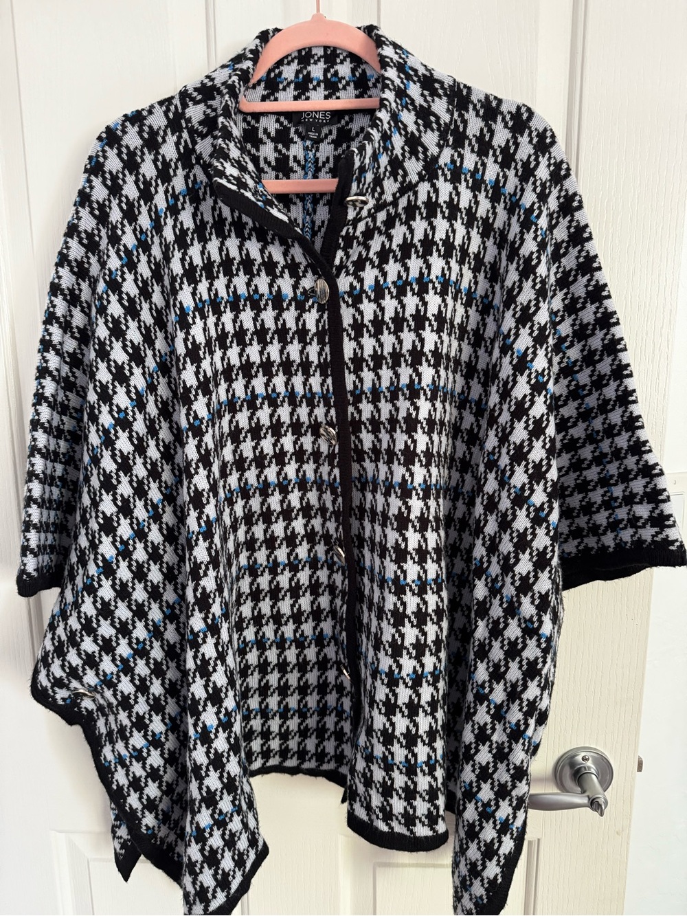 Jones New York Black, White & Blue Houndstooth Poncho